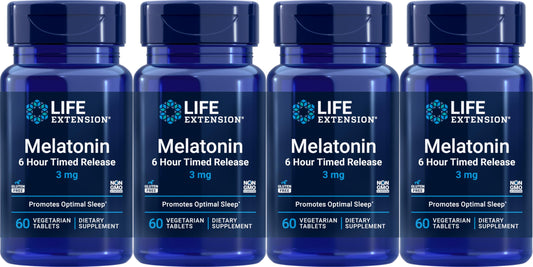 Life Extension Melatonin 6 Hour Timed Release 3 mg, 60 Vegetarian Tablets (Pack of 4) bottle - product image