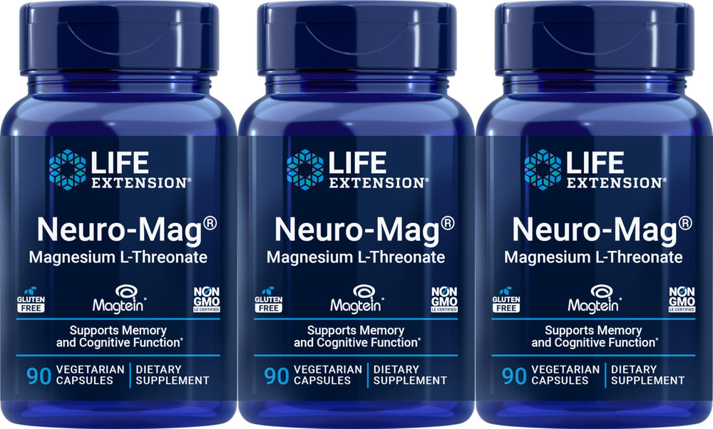 Life Extension Neuro-mag Magnesium L-threonate bottle with capsules, 90-count (pack of 3)