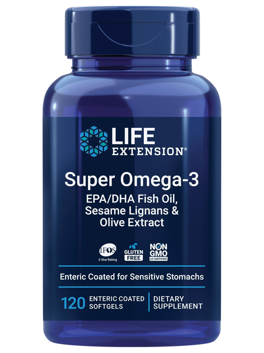 Front view of Life Extension Super Omega-3 bottle with 120 softgels
