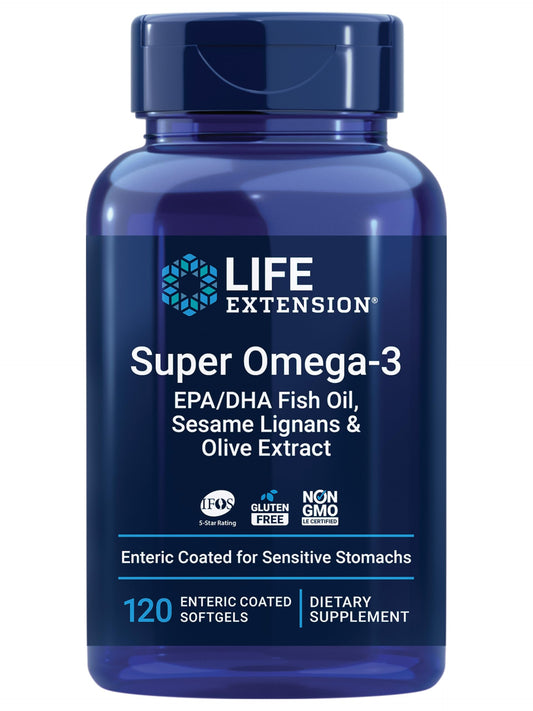 Front view of Life Extension Super Omega-3 bottle with 120 softgels