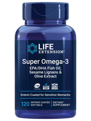 Front view of Life Extension Super Omega-3 bottle with 120 softgels