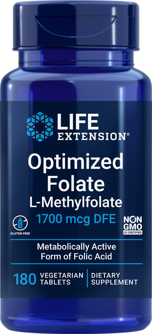 Life Extension Optimized Folate bottle label with 5-MTHF 1700 mcg DFE, 180 vegetarian tablets