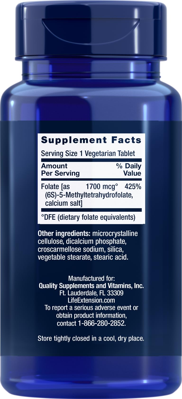 Close-up of Life Extension Optimized Folate packaging showing L-Methylfolate and 5-MTHF