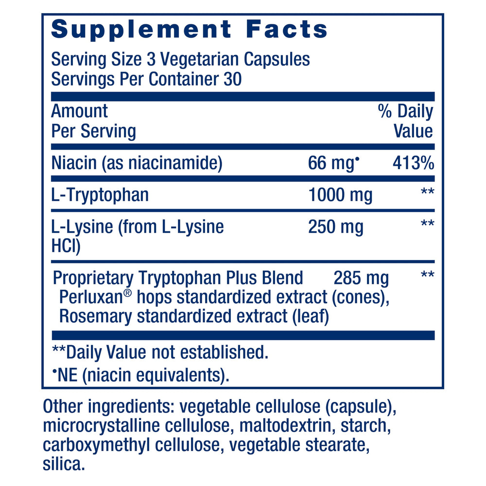 Ingredients panel for Life Extension Optimized Tryptophan Plus 1000mg