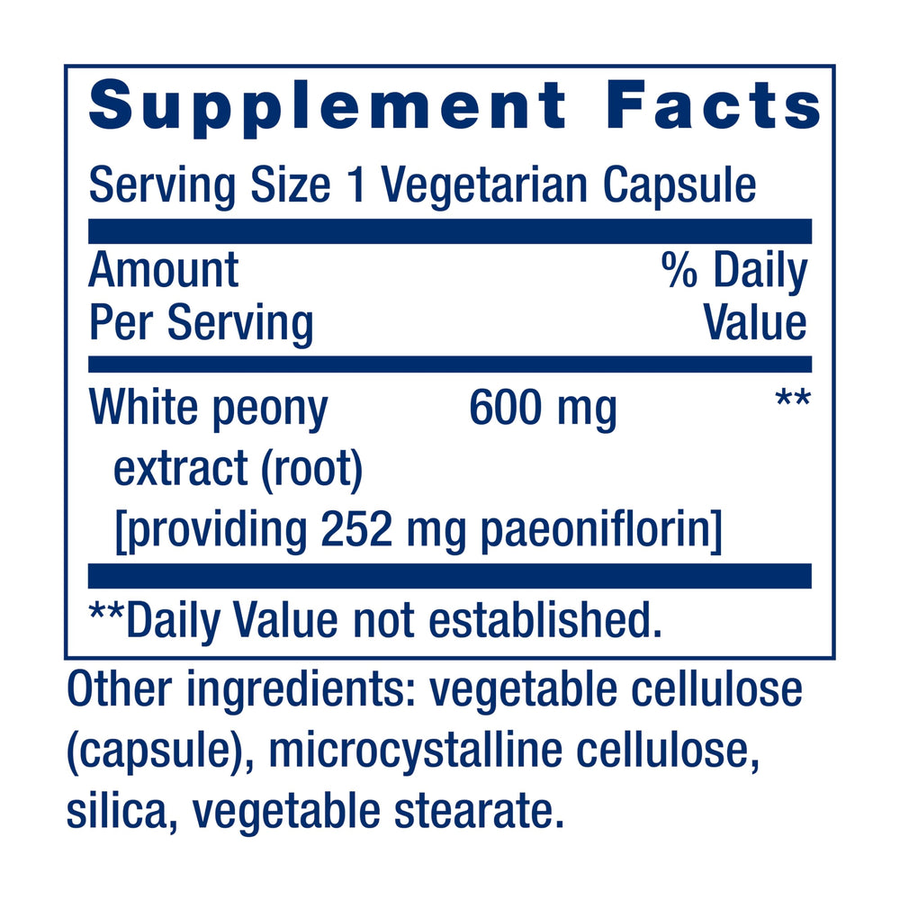 Ingredients panel showing white peony root extract