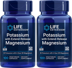 Life Extension dual-action potassium and magnesium supplement bottle, 2-pack, front