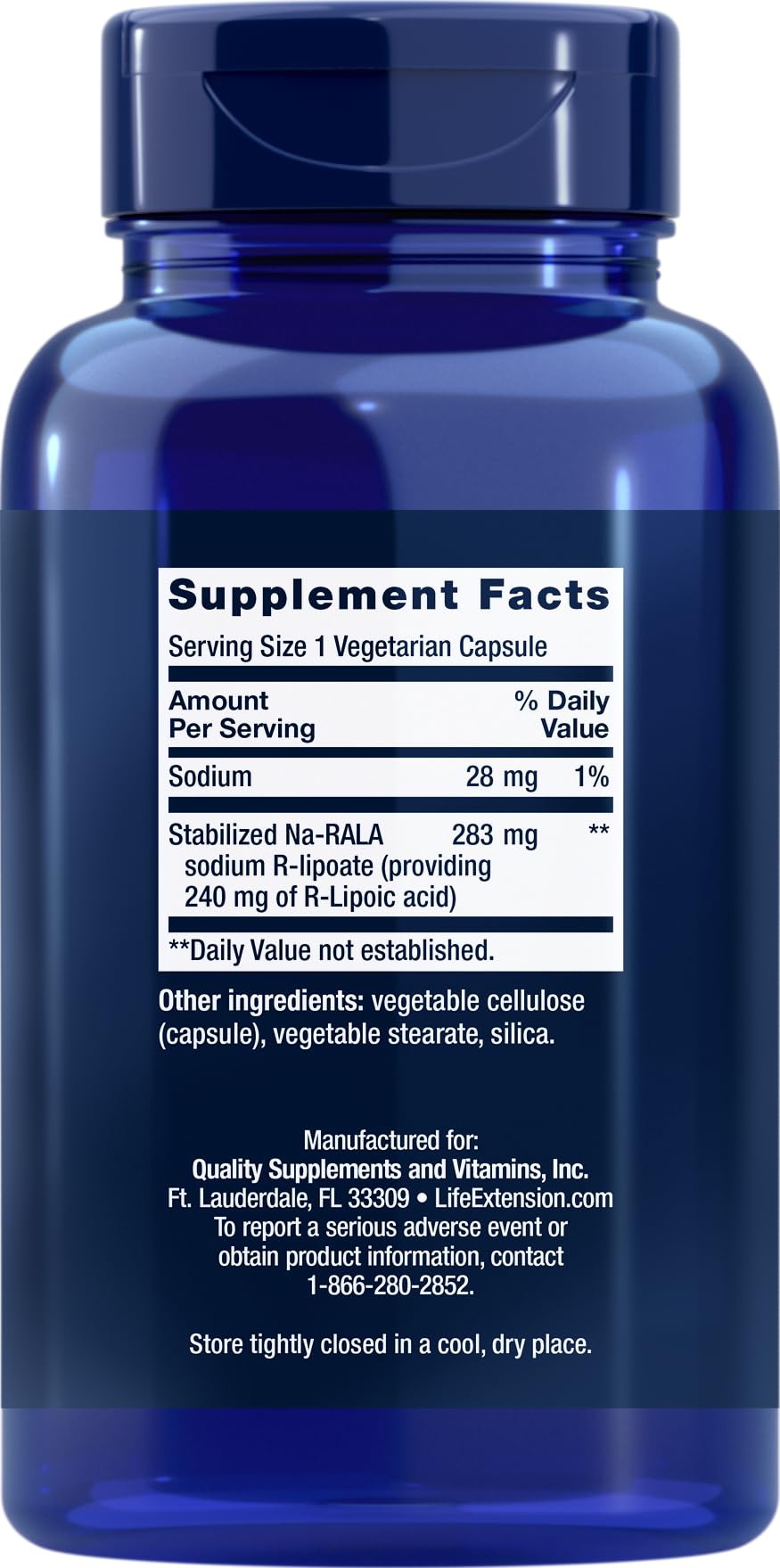Life Extension Super R-Lipoic Acid 240 mg capsules close-up highlighting vegetarian capsules