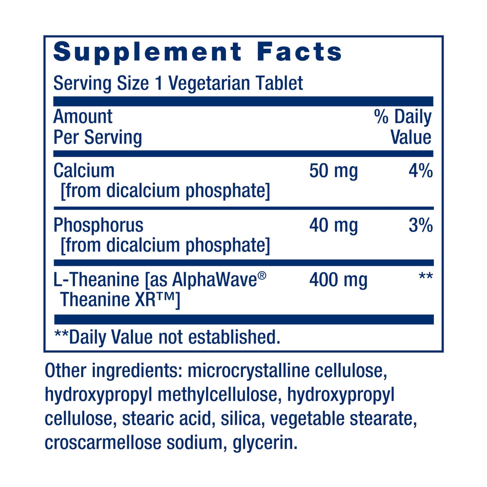 Label showing non-GMO, gluten-free, vegetarian status for Theanine XR