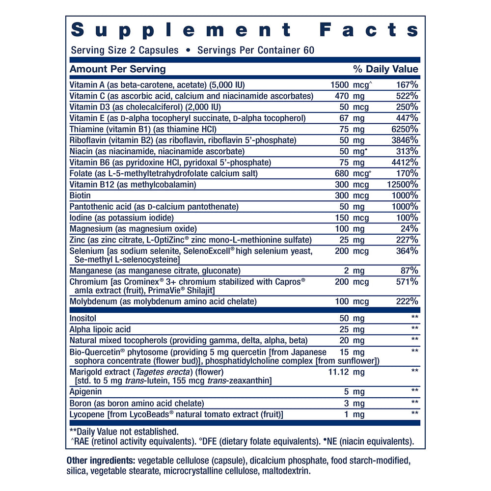 Close-up of the product label highlighting B vitamins on the Two-Per-Day Multivitamin.