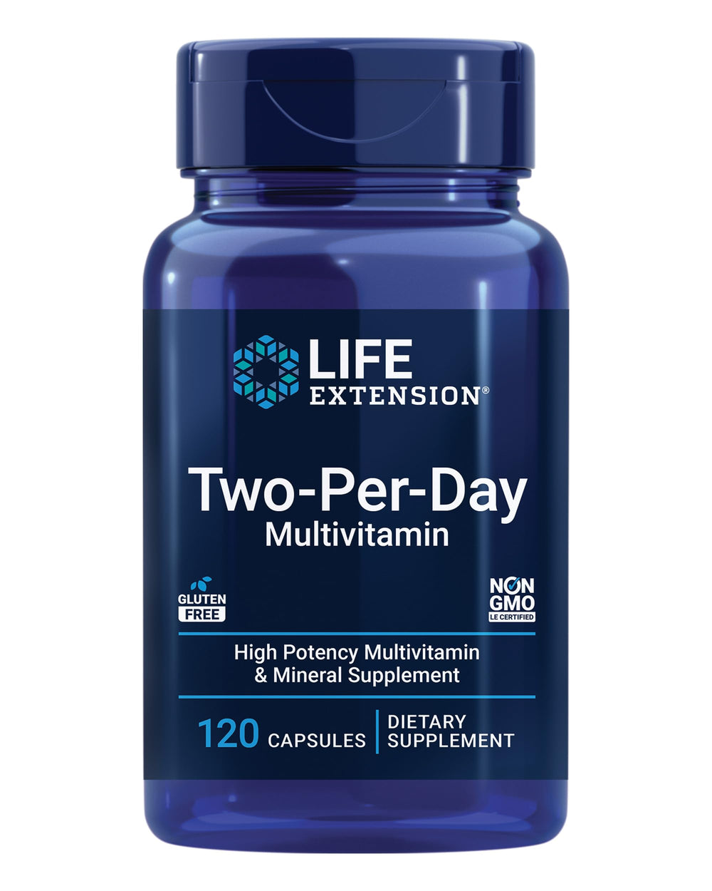Life Extension Two-Per-Day Multivitamin bottle with 120 capsules (hero image).