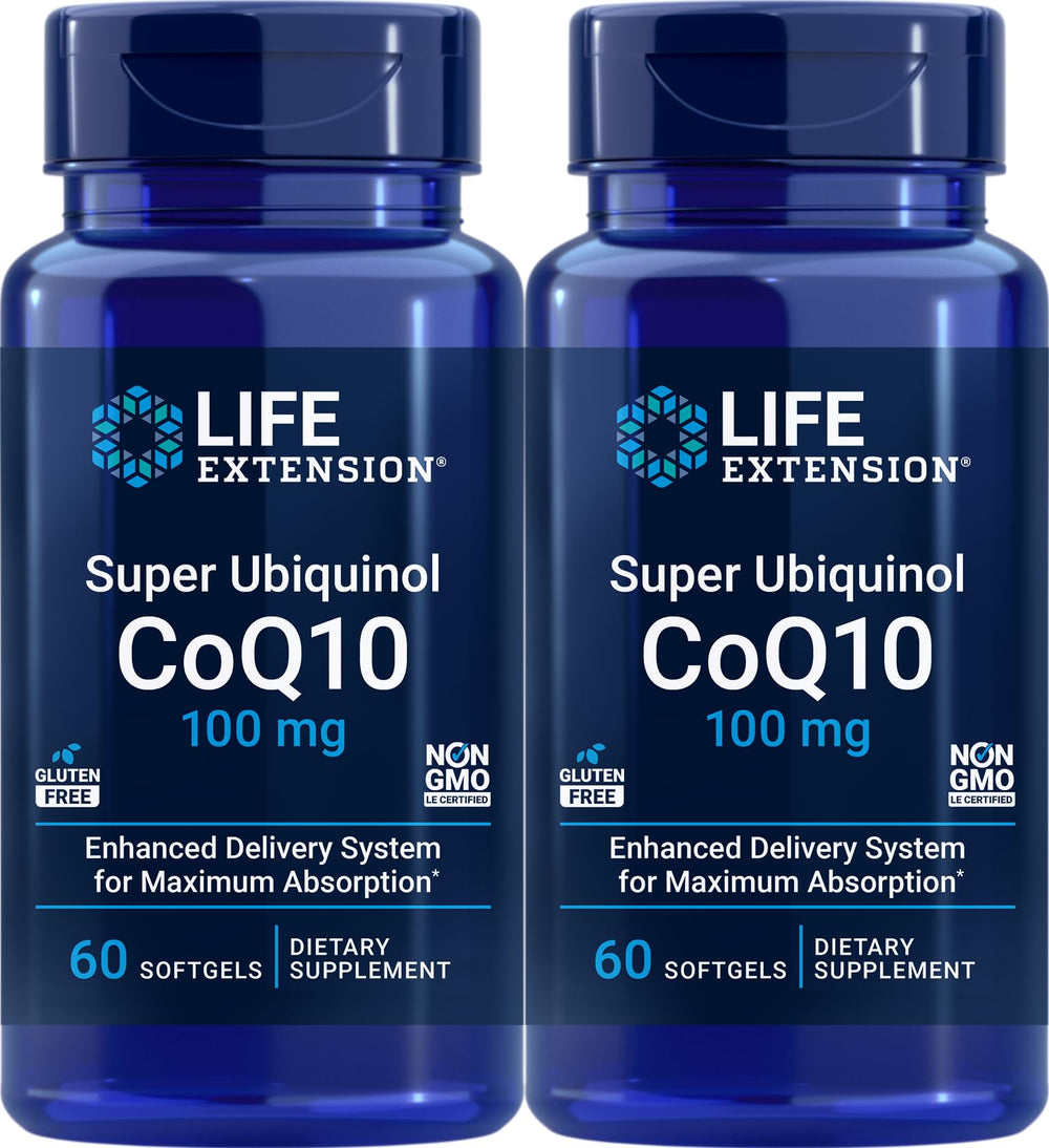Life Extension Super Ubiquinol CoQ10 100 mg bottle with 60 softgels (Pack of 2) – front label