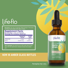 Dropper dispensing vanilla biotin liquid from the Life-Flo bottle