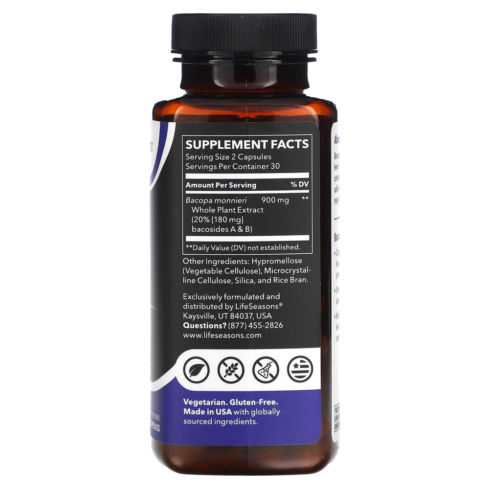 Close-up of LifeSeasons Essentials Bacopa Extract supplement bottle showing 900mg per serving