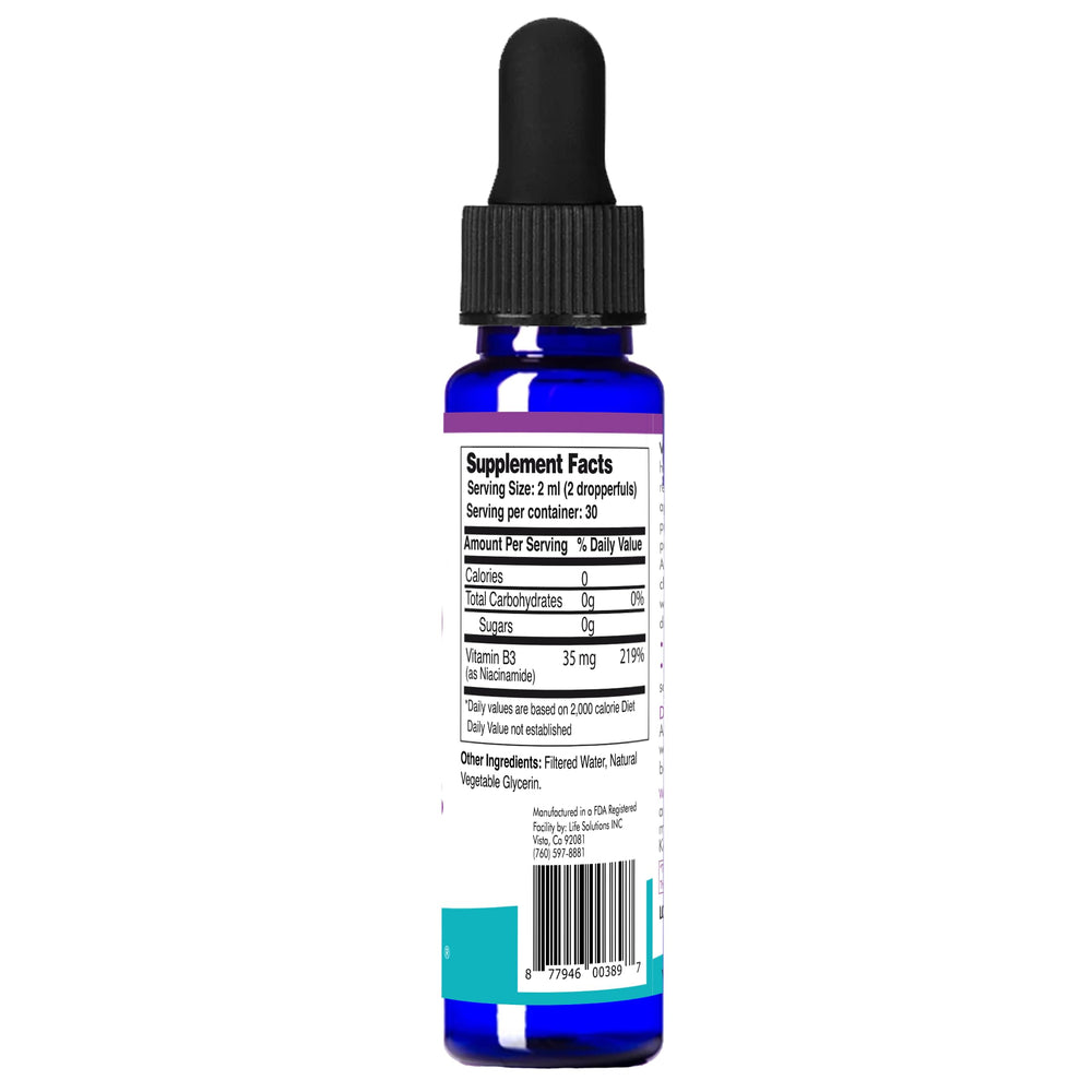 Side view showing Life Solutions Vitamin B3 Niacinamide 2oz bottle