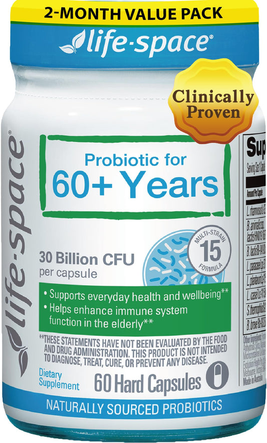 Bottle of Life-Space Probiotic 60+ capsules for seniors