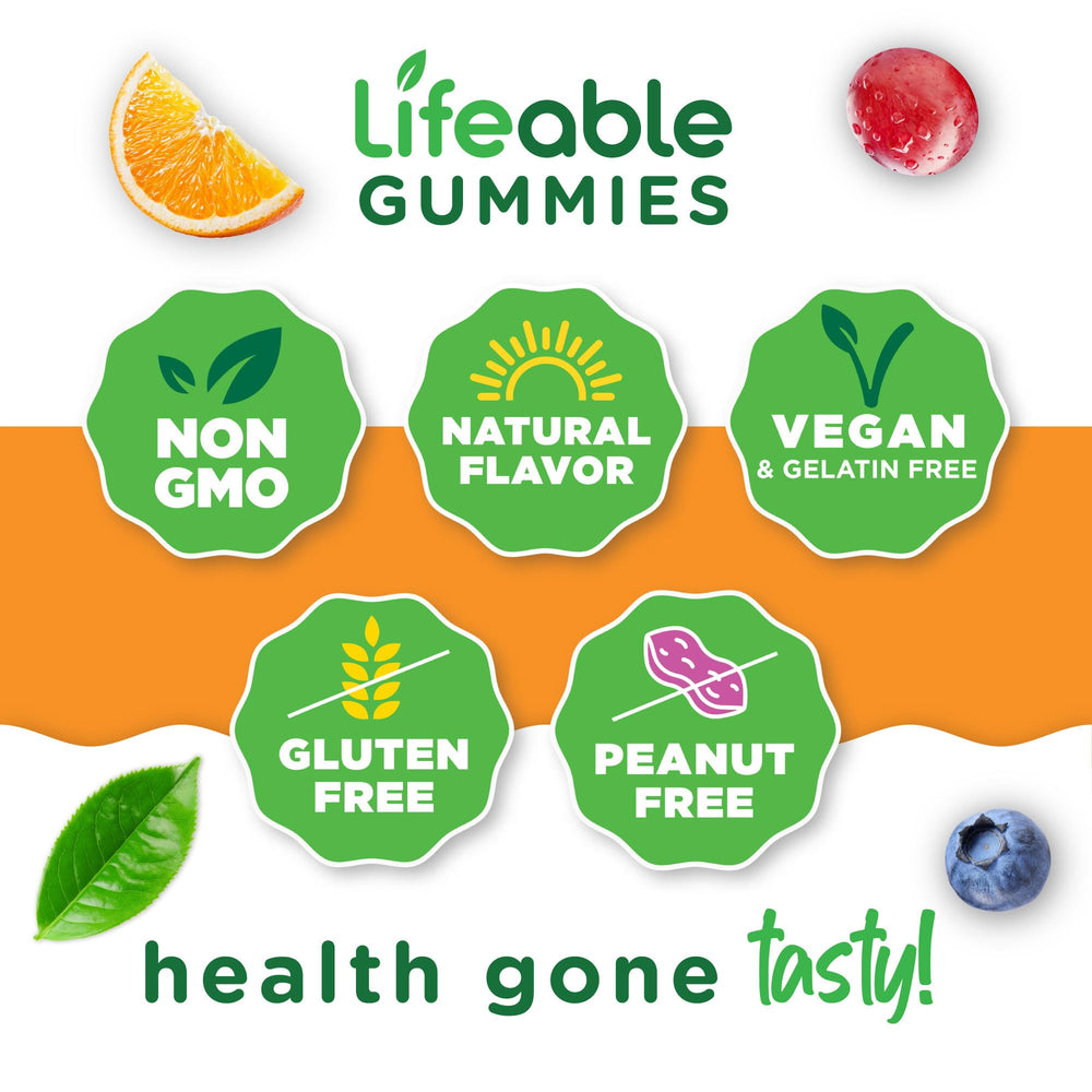 Assorted Lifeable B Complex gummies in a clear bowl