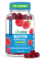Front view of Lifeable Sugar Free Biotin Gummies bottle with raspberry flavor