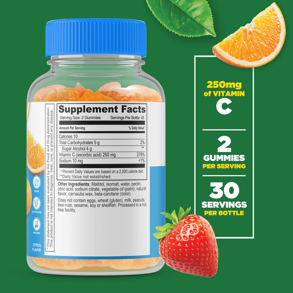 Close-up of orange flavored sugar free vitamin C gummies