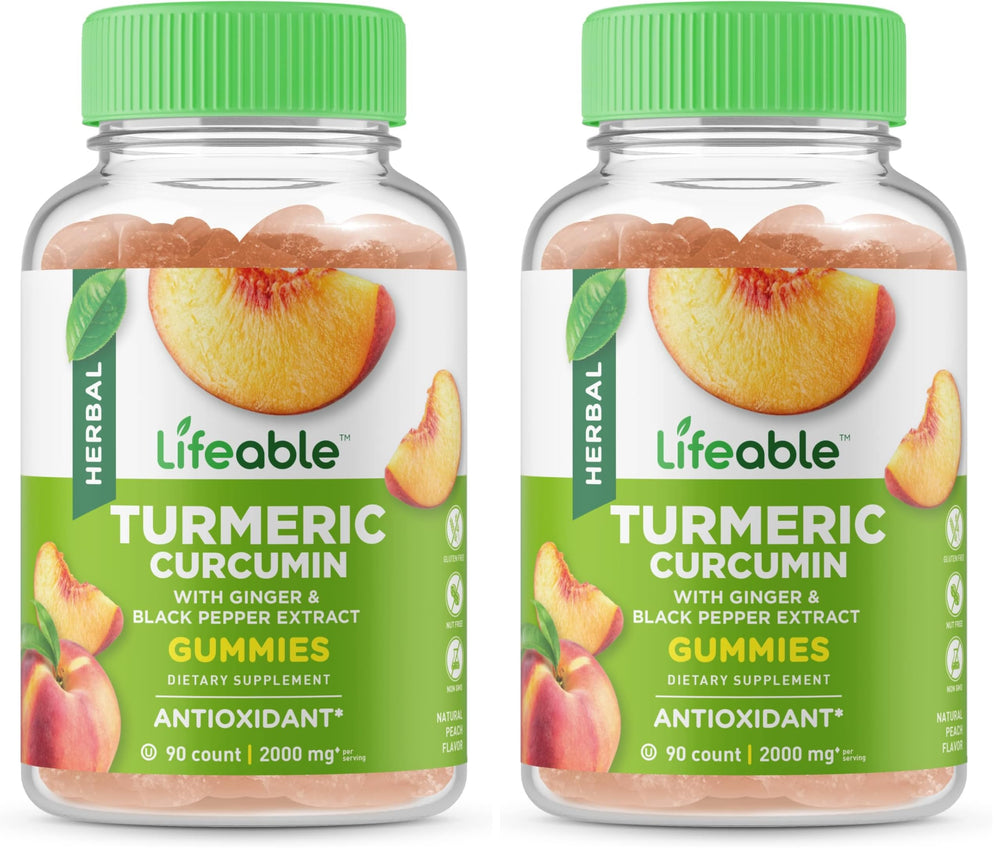 Lifeable turmeric ginger peach gummy bottle, clearly labeled with natural ingredients for daily immune support.