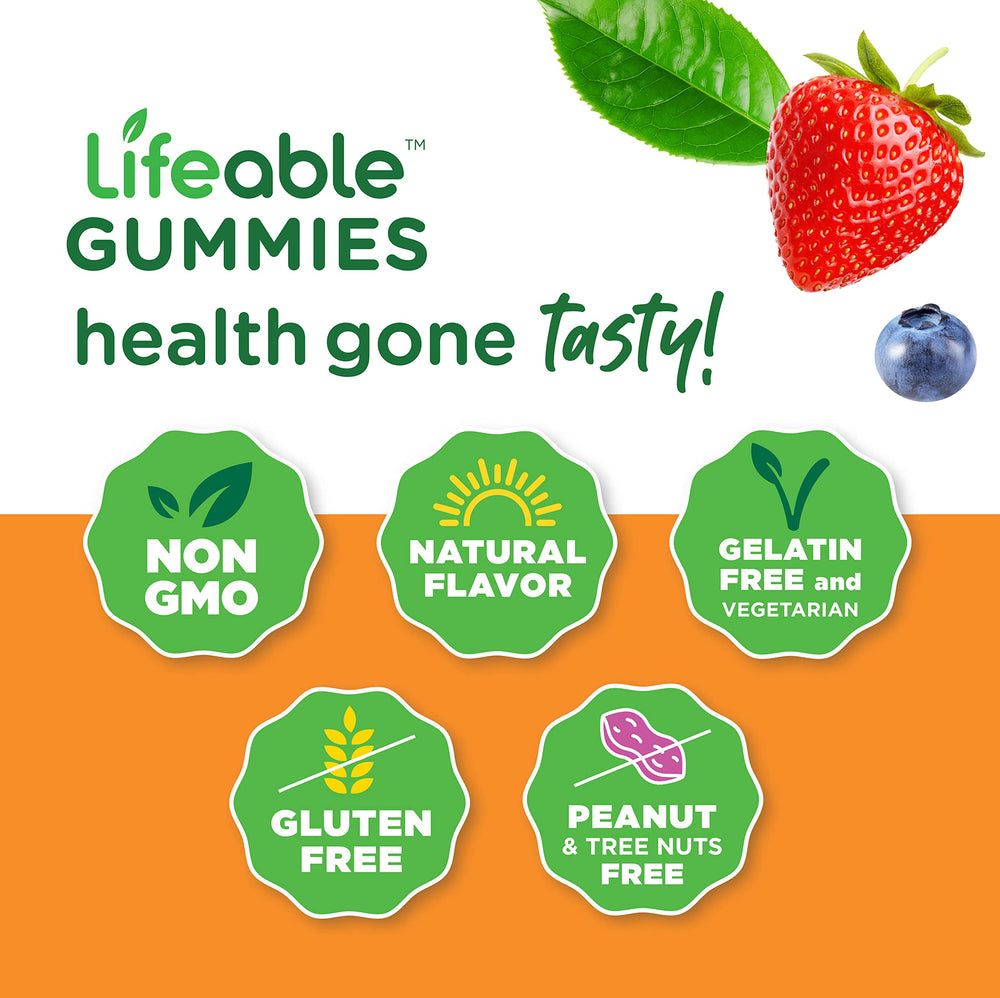Lifeable two gummies per day with serving guidance for adults and kids 2+.