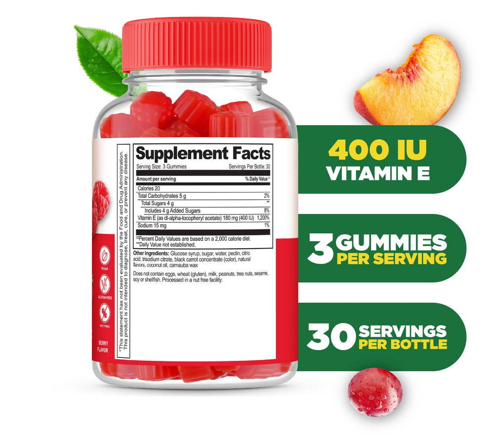 Close-up of a berry-flavored Vitamin E gummy