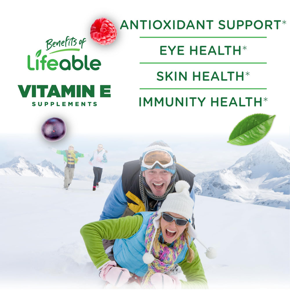 90-count bottle of Lifeable Vitamin E Gummies on a white surface