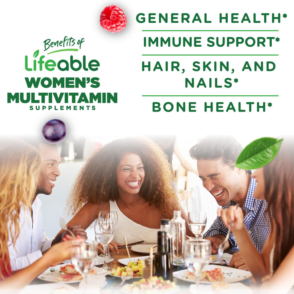 Nutrition facts showing vitamins A, C, D, E on Lifeable gummy label