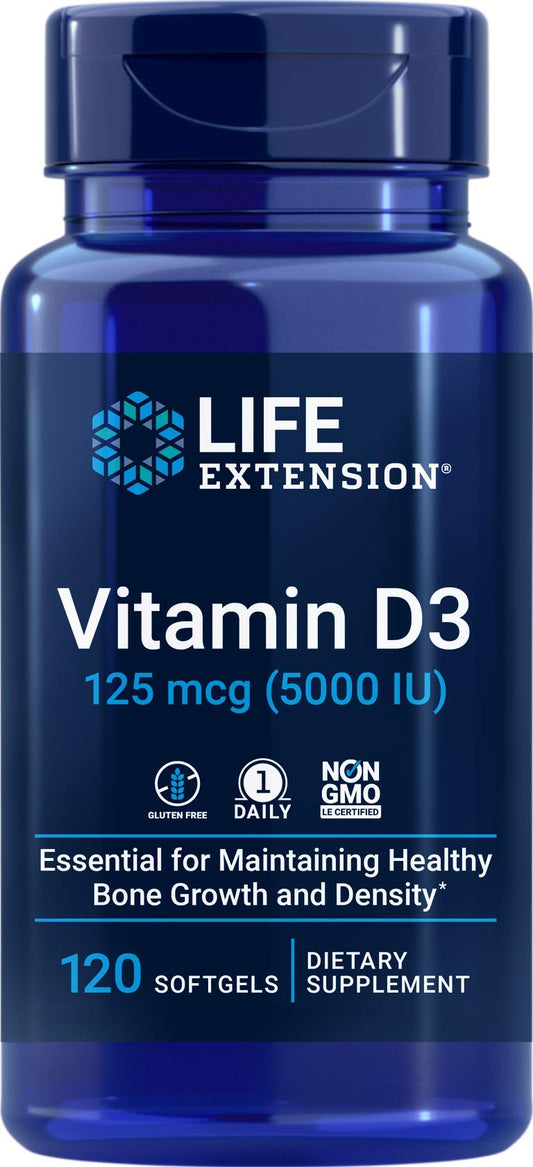 Life Extension Vitamin D3 bottle label showing 5000 IU (125 mcg) per softgel