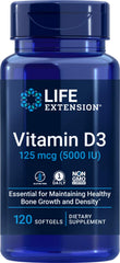 Life Extension Vitamin D3 bottle label showing 5000 IU (125 mcg) per softgel