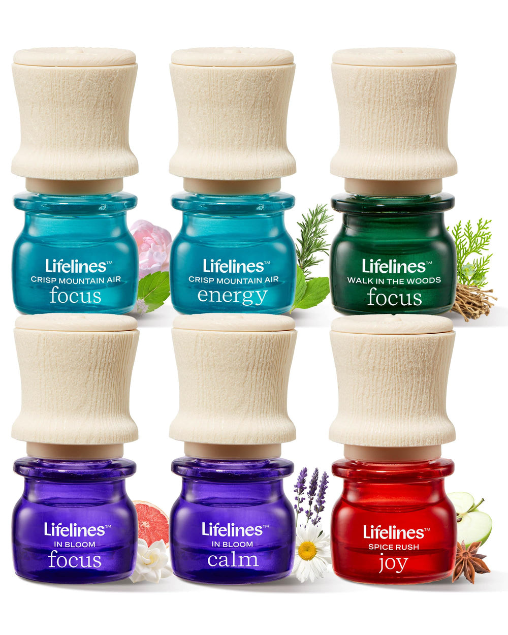 Front view of Lifelines Bright Botanicals 6-pack essential oil blends