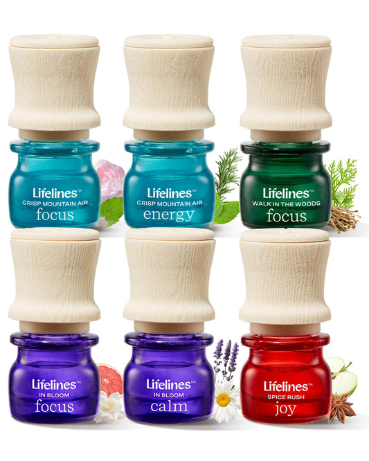Front view of Lifelines Bright Botanicals 6-pack essential oil blends