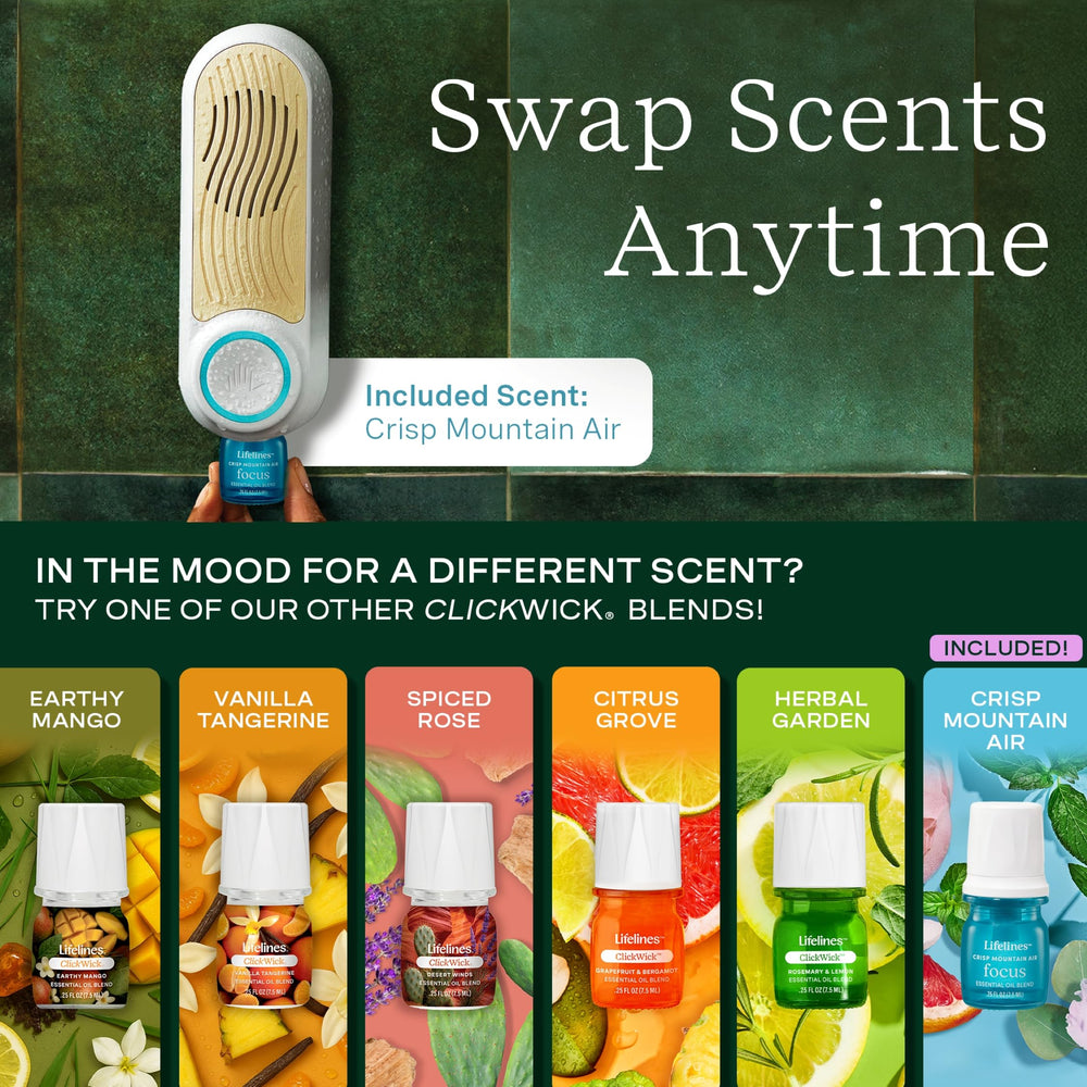 ClickWick essential oil blends lineup and bottle