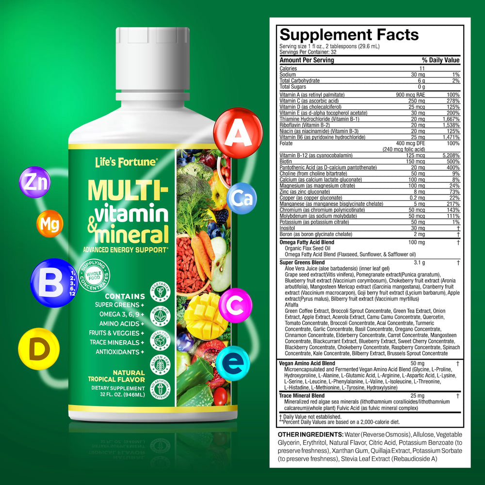 Lifestyle scene featuring Life's Fortune liquid multivitamin bottle