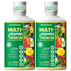 Life's Fortune liquid multivitamin bottle with tropical flavor supports daily energy.