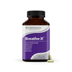 LifeSeasons Breathe-X bottle showing fast-acting allergy support for nasal comfort.