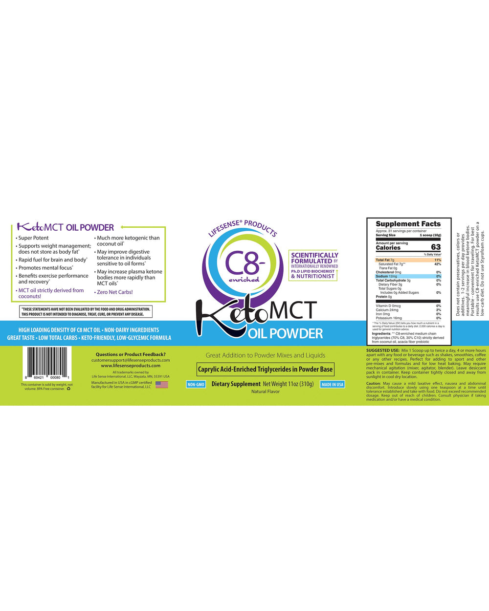 LifeSense C8 MCT Oil Powder packaging (USA)