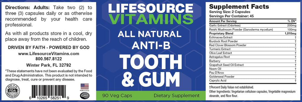 Close-up of LifeSourceVitamins Anti-B Tooth & Gum bottle