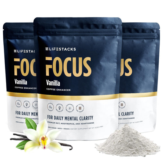 LIFESTACKS Vanilla MCT Oil 3-Pack packaging displayed on a table