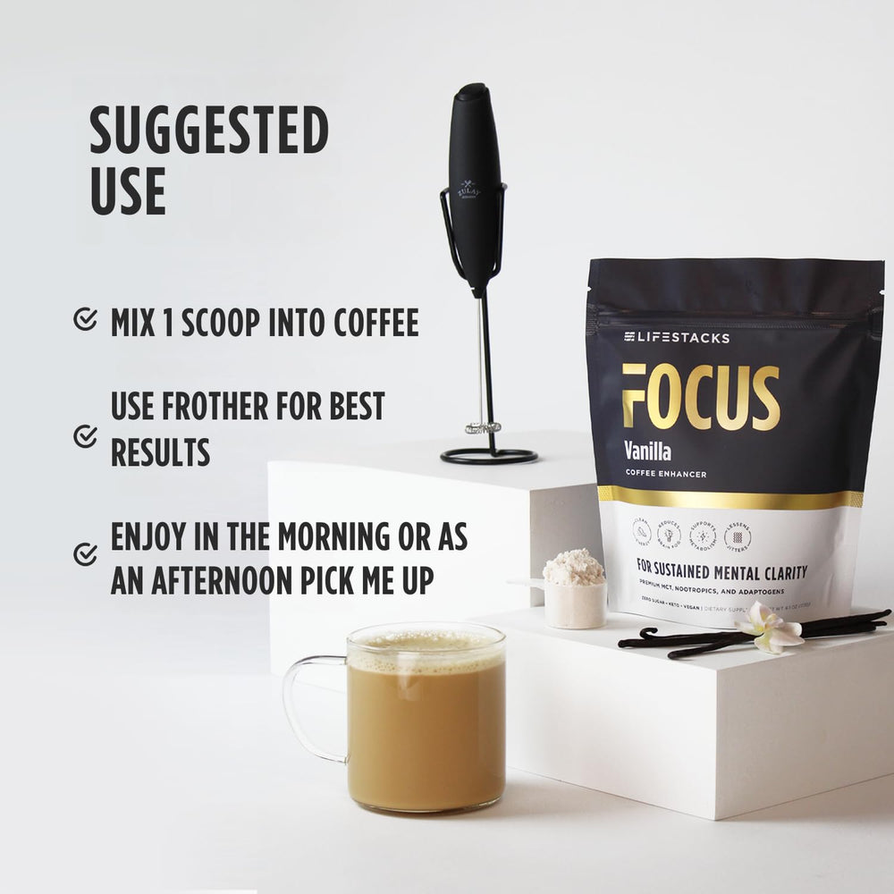 Prepared coffee with LIFESTACKS Vanilla MCT Oil for enhanced focus