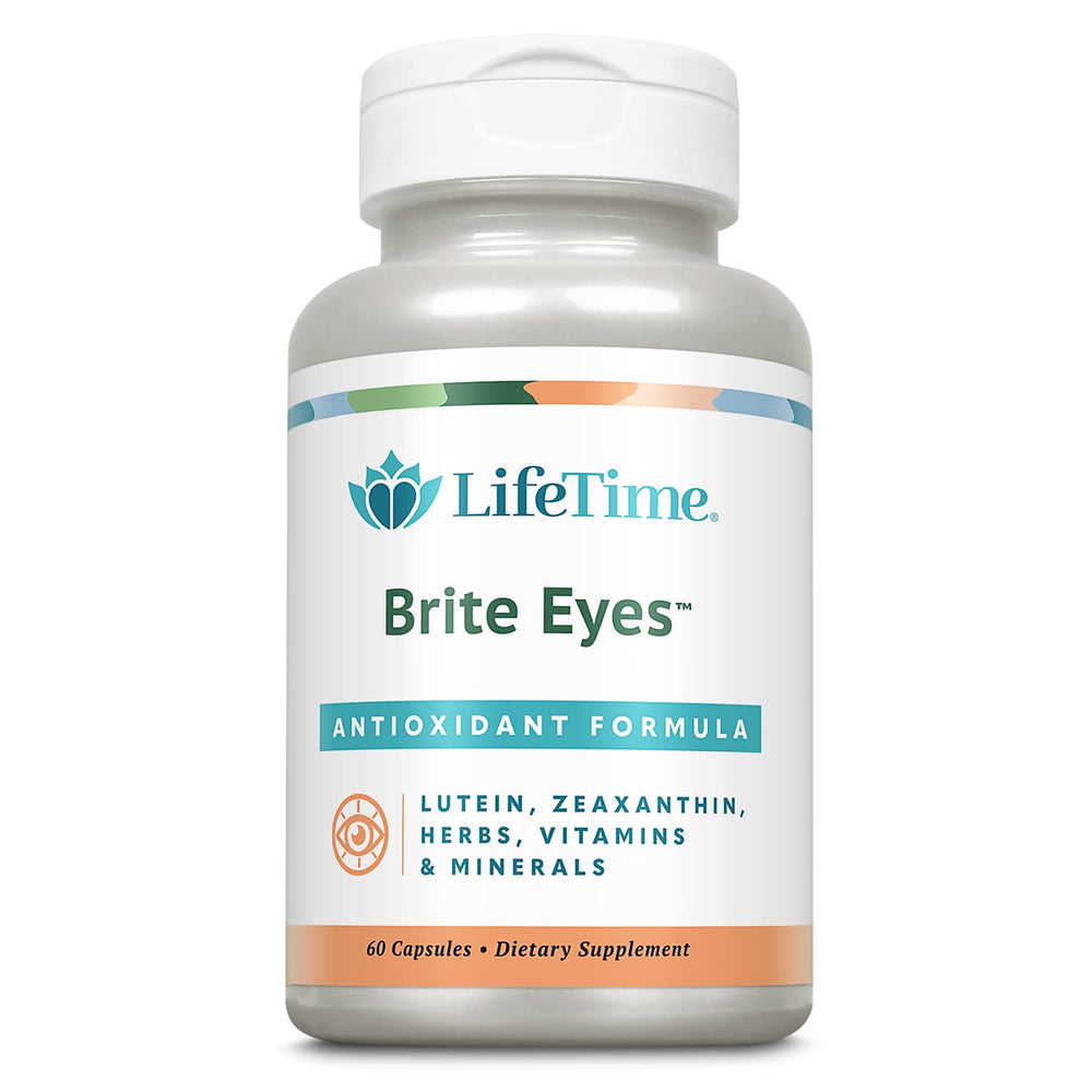 LifeTime Brite Eyes supplement bottle with 60 capsules featuring Lutein, Zeaxanthin, Bilberry, Vitamins A, C & E.