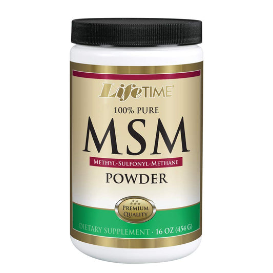 Front label of LIFETIME MSM powder bottle (16 oz, 180 servings)