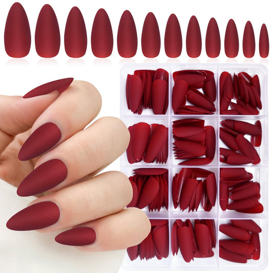 Lifextol almond press-on nails kit in burgundy matte on hand for at-home manicures.