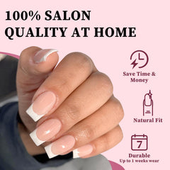 Lifextol short square nails with pink base, delivering a salon-like look.