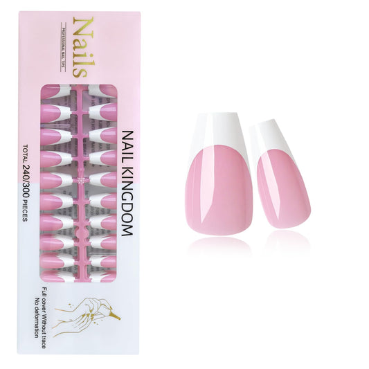 Lifextol white French tip coffin nails on pink base for salon-like at-home manicure.