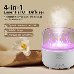 Bedroom scene with diffuser emitting mist at night