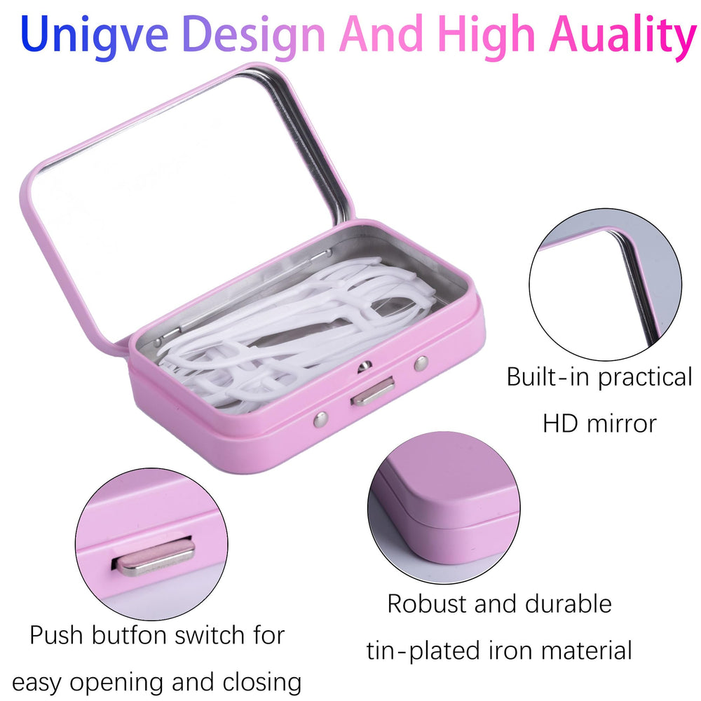 Open case showing built-in mirror and refillable floss storage