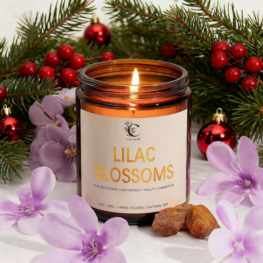 7oz lilac and floral scented candle in amber glass jar