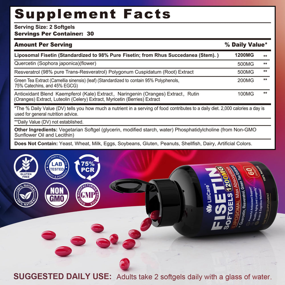 LILICARE Fisetin Liposomal Softgels packaging close-up