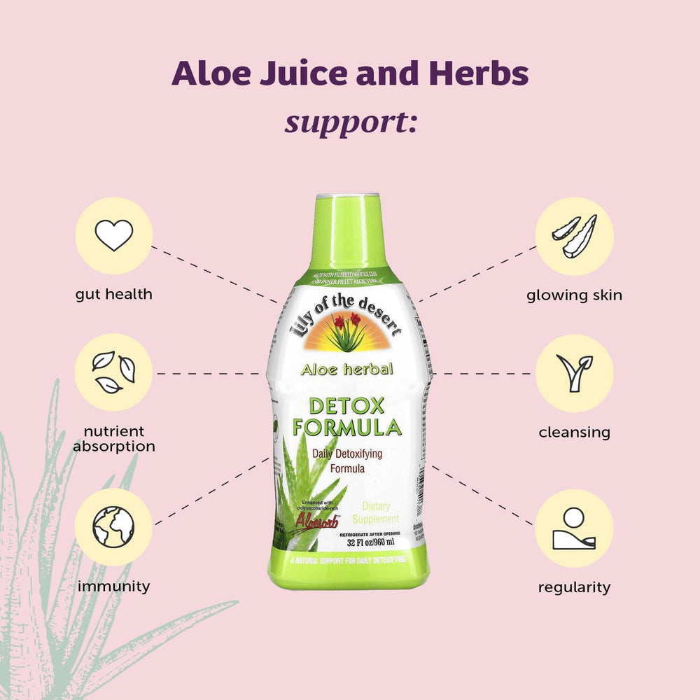 Pouring/spout close-up of Lily of the Desert Aloe Vera Herbal Detox Formula bottle