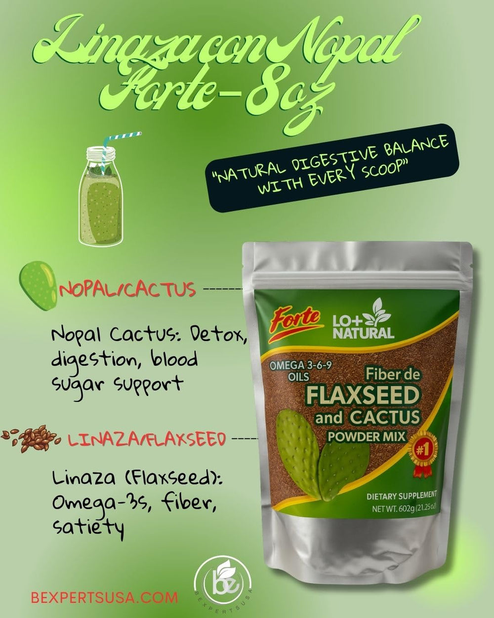 Close-up of flaxseed and nopal cactus powder ingredients